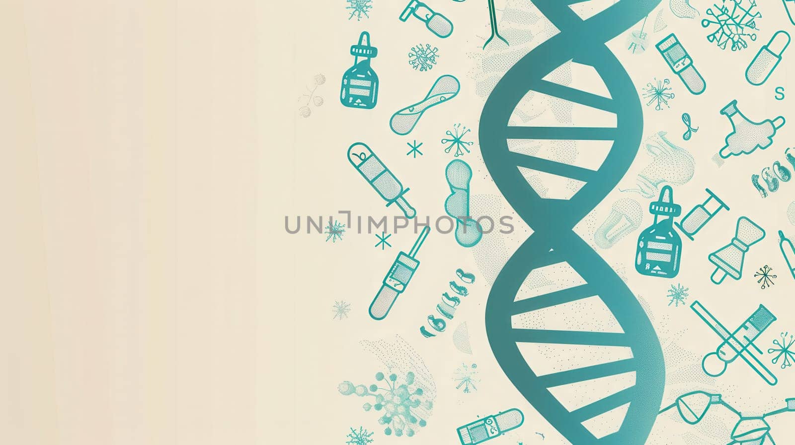 A double helix DNA strand is surrounded by medical icons representing scientific tools and innovations in the field of health and research.