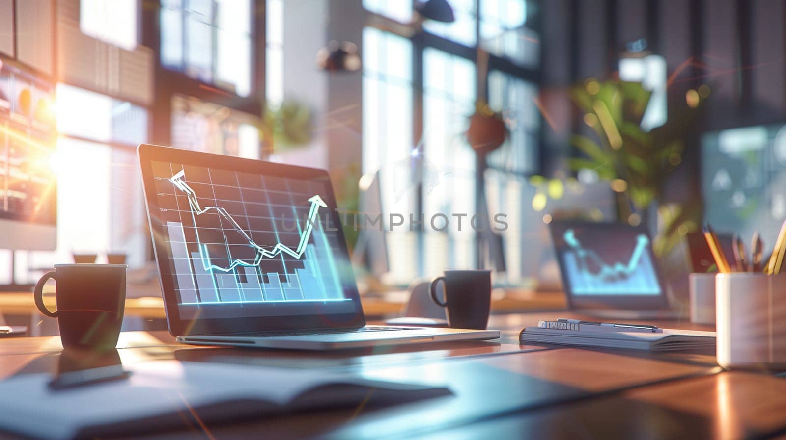 A contemporary office setup featuring sleek desks, bright natural light, and laptops displaying increasing data trends and growth metrics.