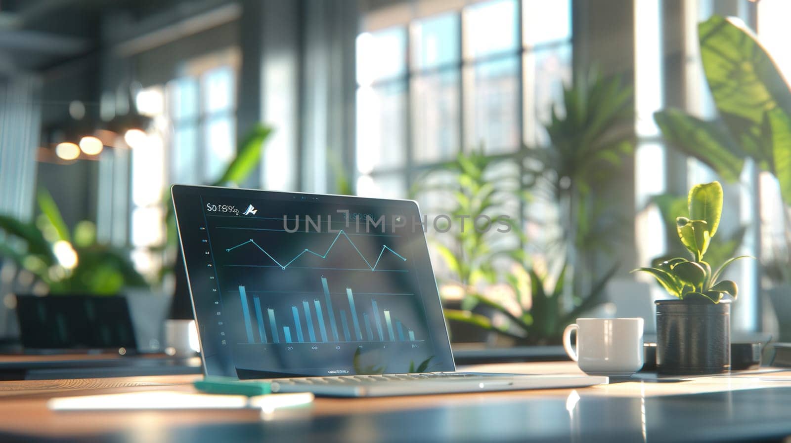 A modern office features a laptop displaying business graphs alongside a coffee cup and a small potted plant, illuminated by abundant natural light.