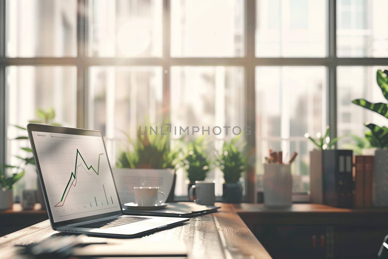 A sleek office desk is illuminated by sunlight, showcasing a laptop with graph data and coffee, surrounded by vibrant green plants.