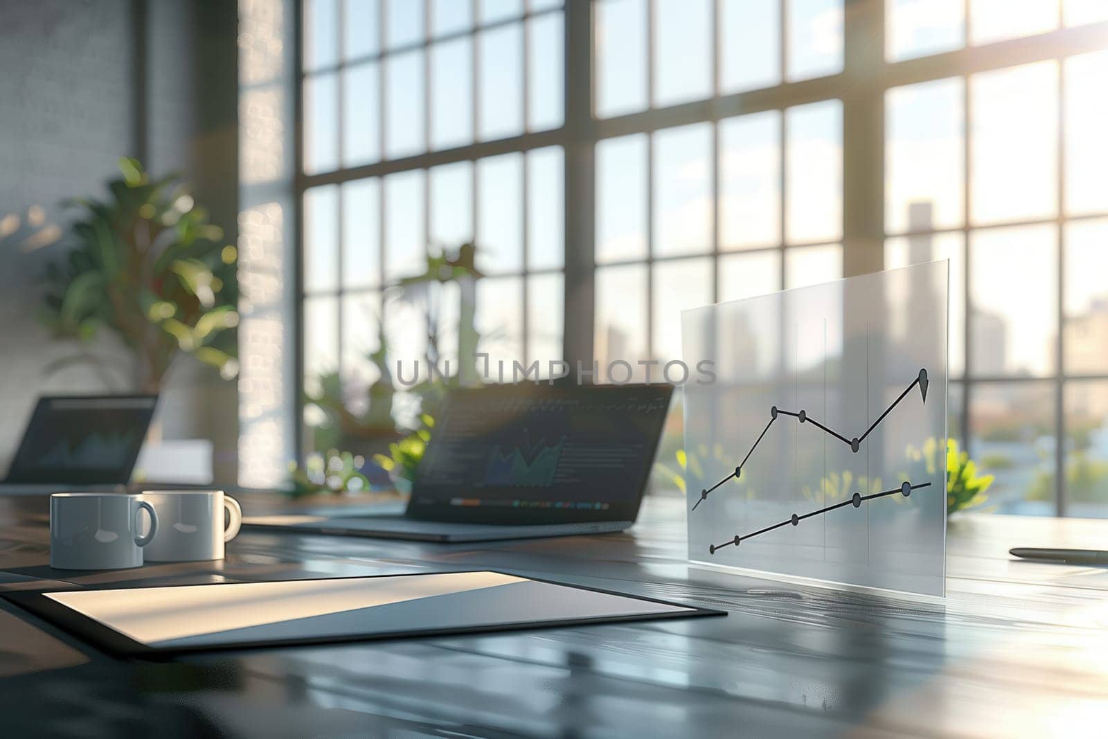 Natural light floods a modern office with large windows, featuring sleek furniture and technology for a productive work atmosphere.