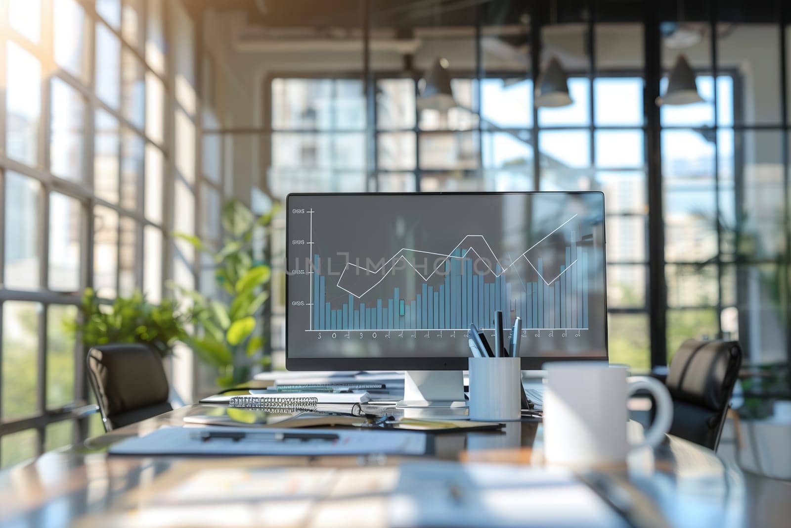 A sleek office features a computer displaying data analytics, surrounded by green plants, open notebooks, and a coffee mug, all illuminated by sunlight.