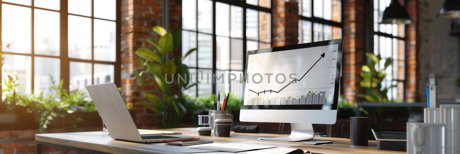 Sunlight floods a modern office space featuring large windows and a stylish desk equipped with a computer displaying growth trends.