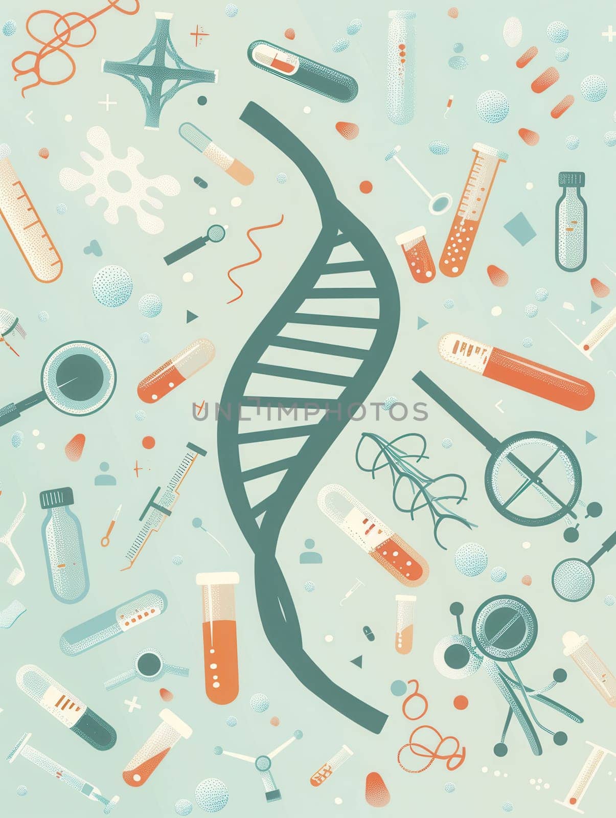 A double helix DNA strand is surrounded by medical icons like microscopes, test tubes, and stethoscopes, symbolizing scientific research and discovery.