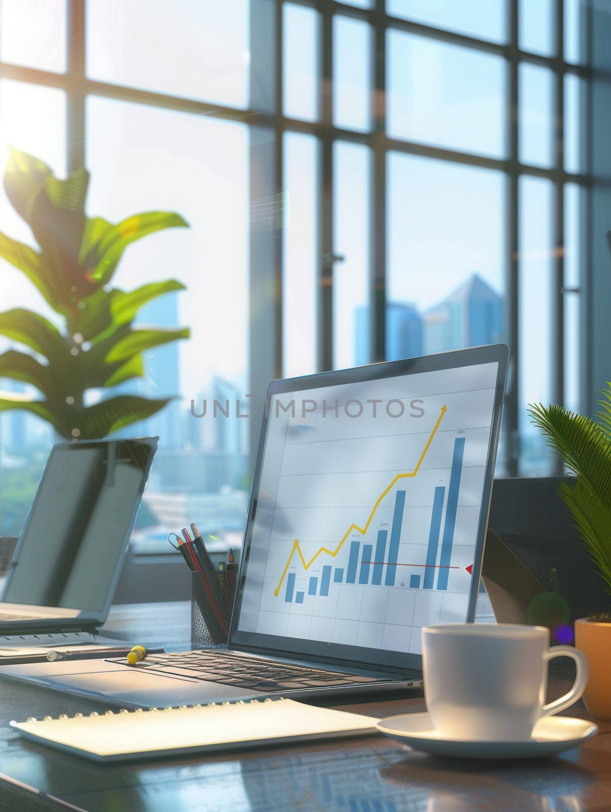 Bright sunlight streams through large windows in a sleek office, highlighting a laptop displaying an upward growth chart alongside greenery and a coffee cup.