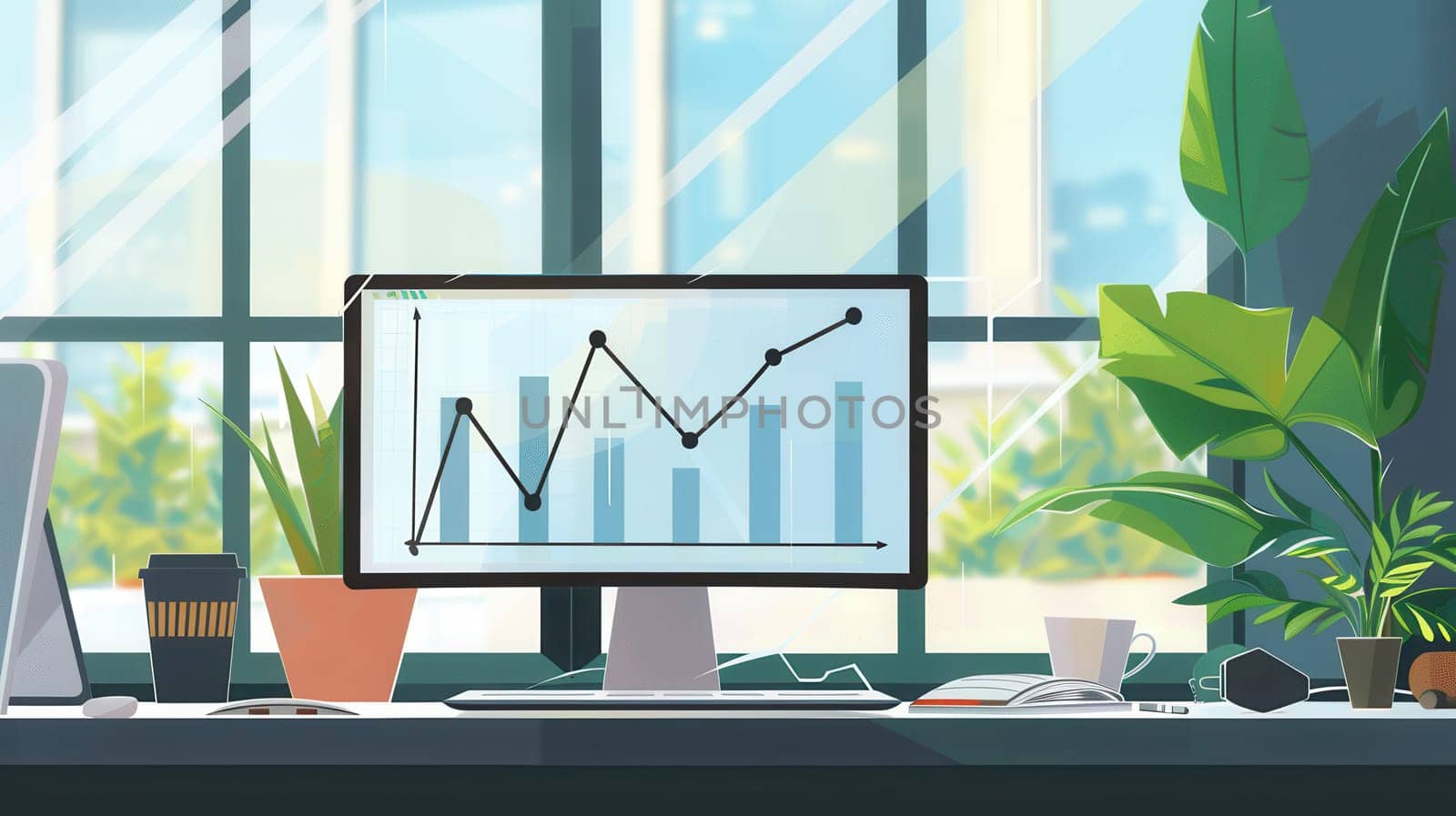 A sleek workspace features a computer displaying business analytics, surrounded by plants and natural light streaming through large windows.