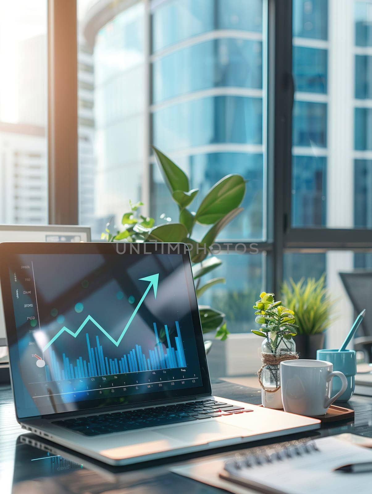 A sleek office features a laptop showing an upward graph, surrounded by plants and a coffee cup, with bright sunlight streaming through the large windows.