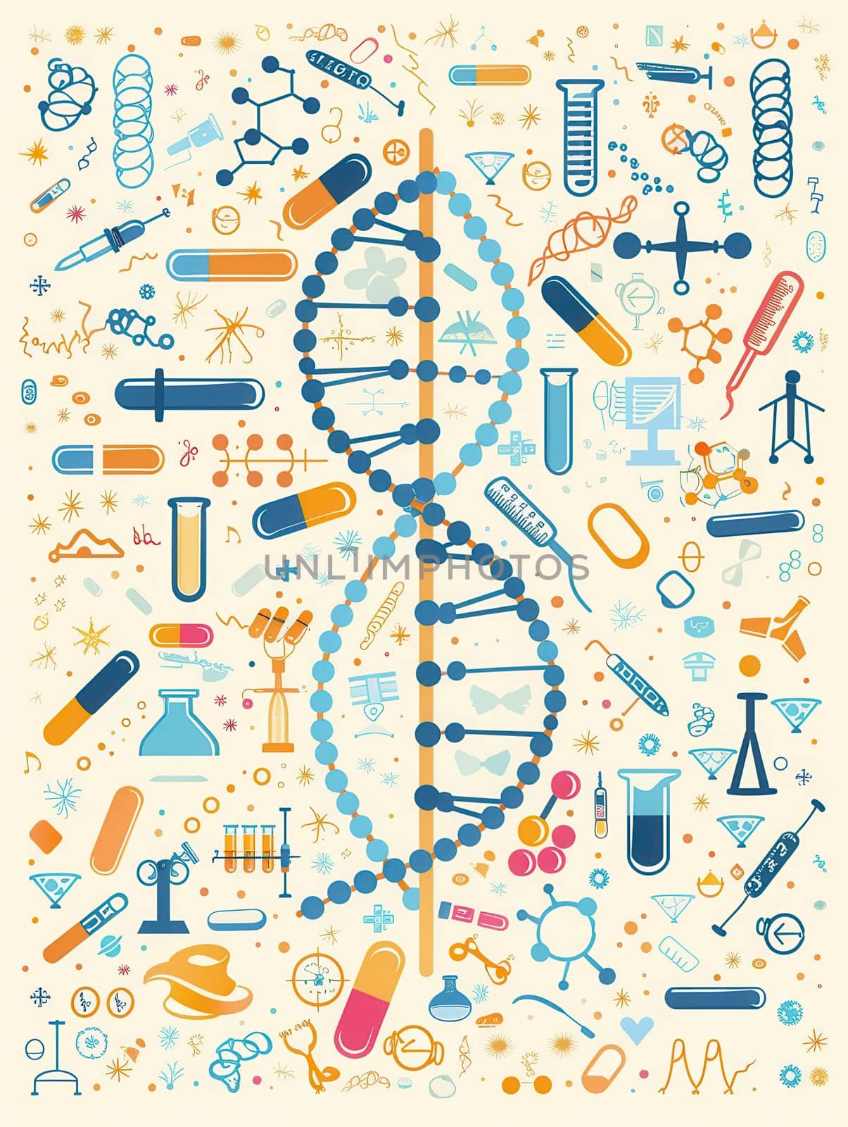 A DNA double helix is central, encircled by medical icons including test tubes, microscopes, and stethoscopes, symbolizing genetic research and healthcare.