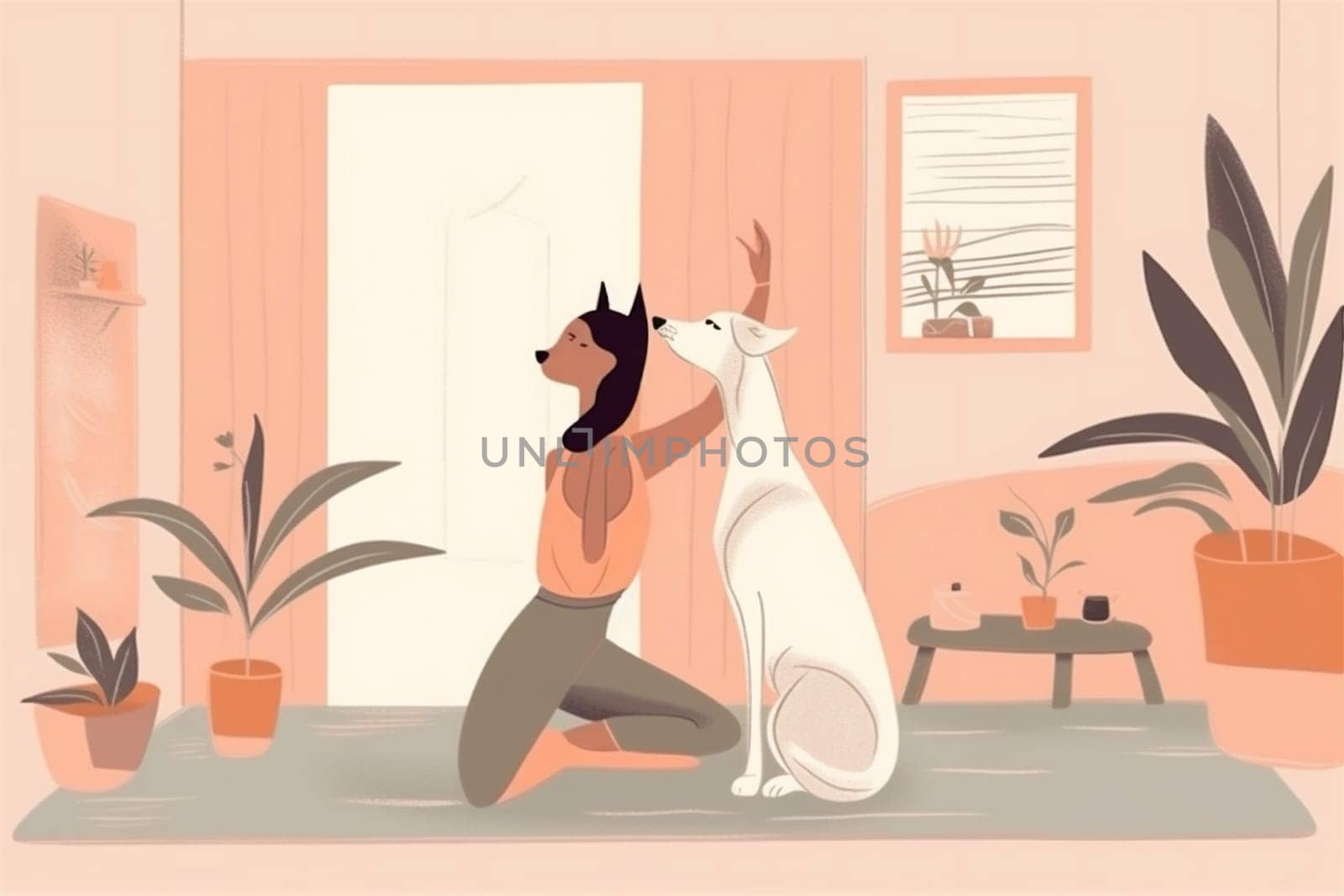 woman dog yoga fitness training home sport cartoon person body lifestyle. Generative AI. by Vichizh