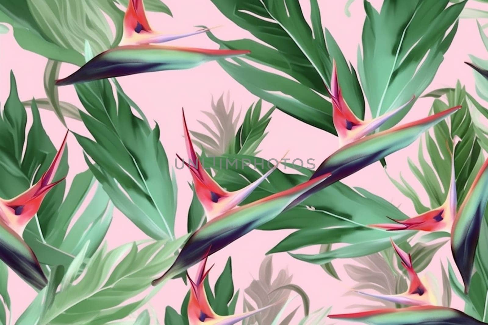 design spring jungle tropical seamless flower leaf orange white green botanical pink trendy colorful palm tree red pattern nature decoration. Generative AI.