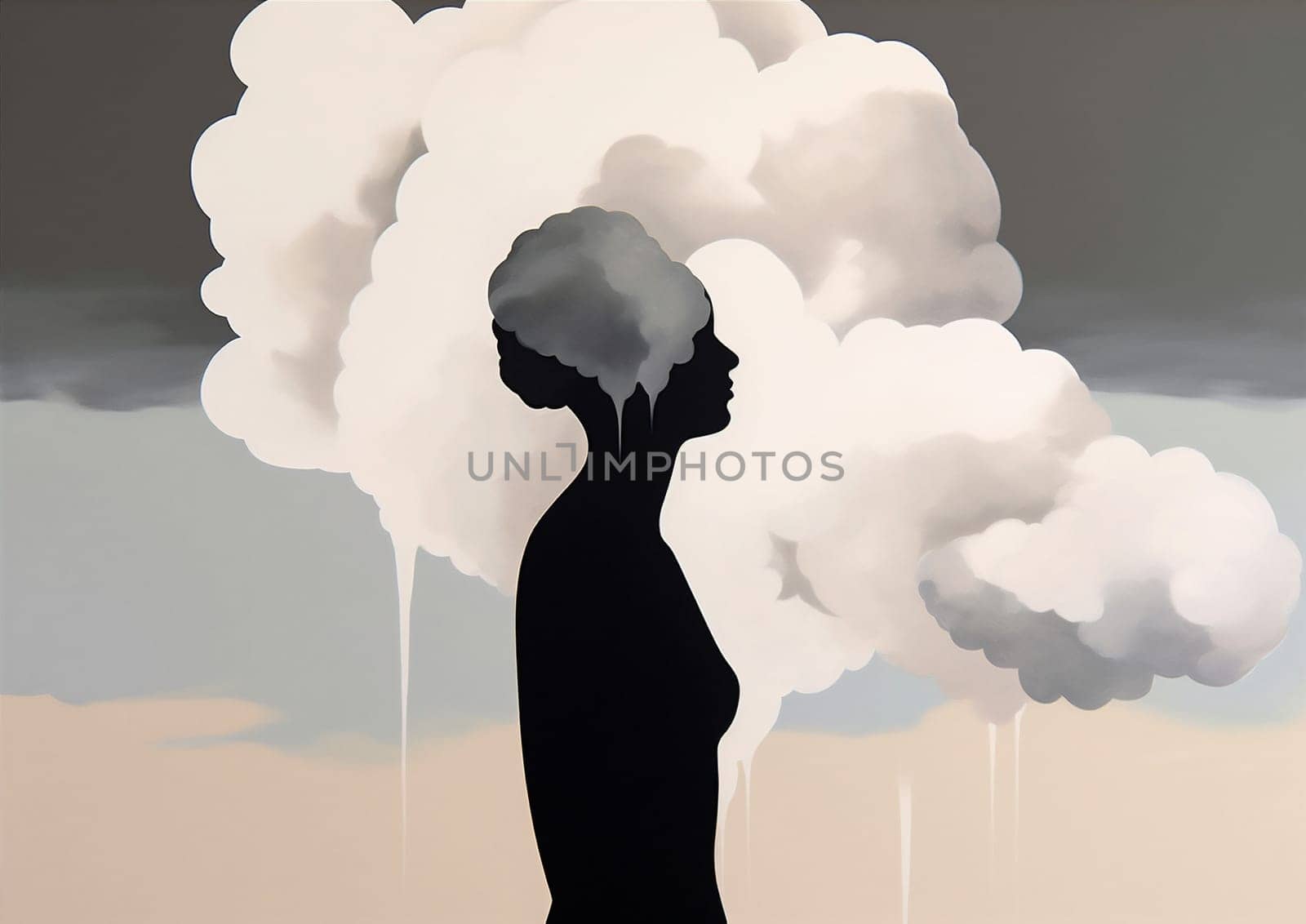 woman man fantasy dramatic mind idea black cloud creative concept poster dream. Generative AI. by Vichizh