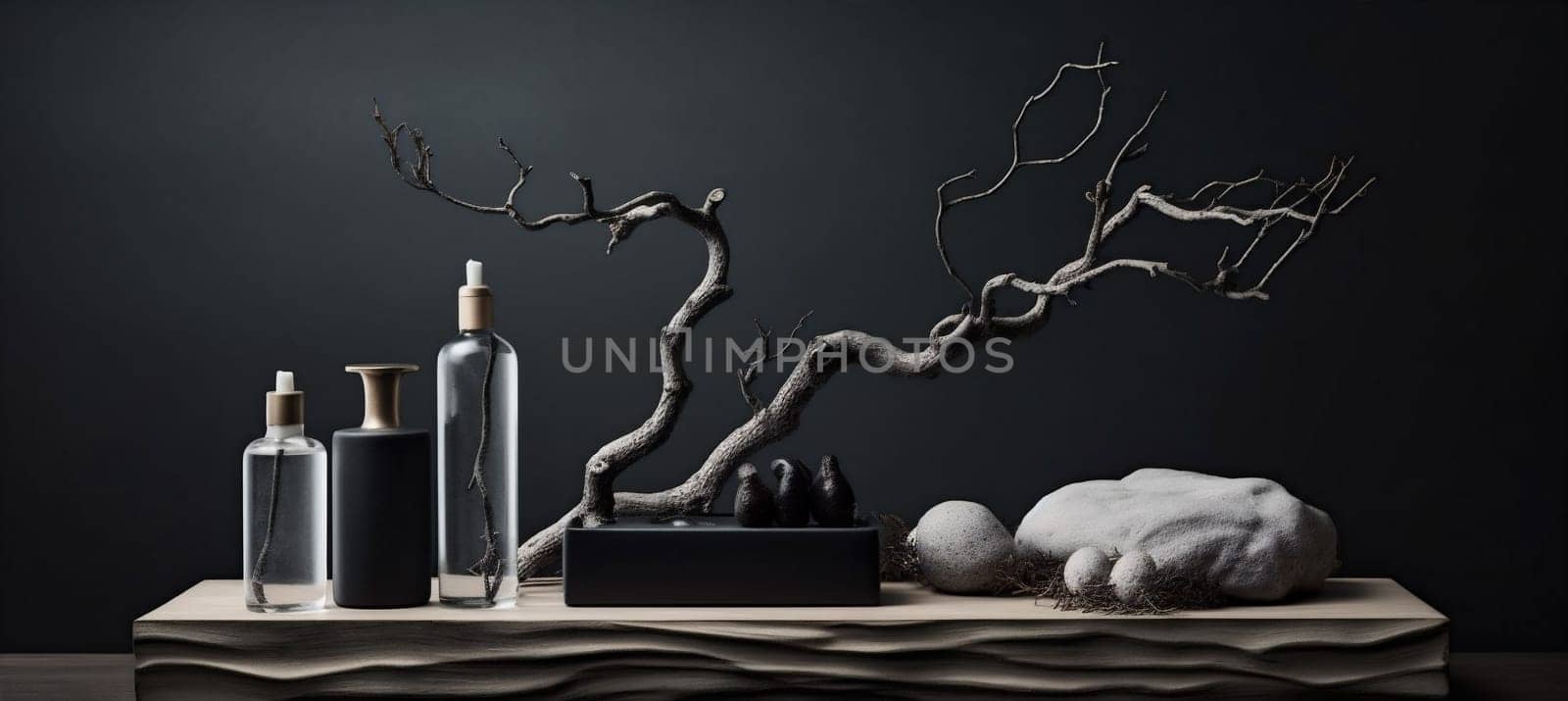 nature natural product background tree layout bottle tree beauty branch cosmetic creative. Generative AI. by Vichizh