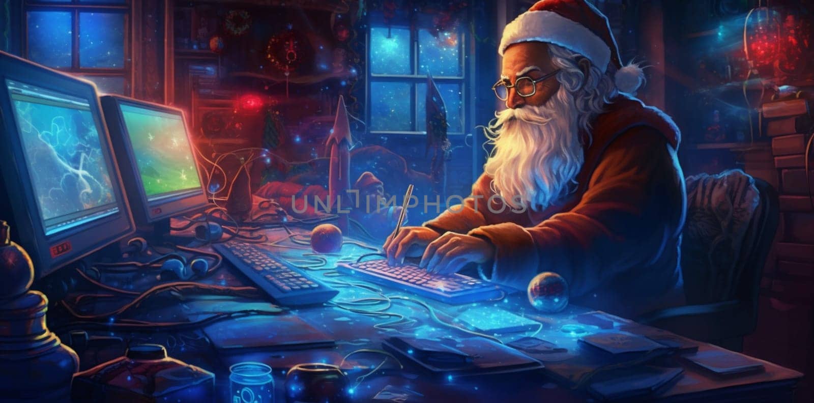 laptop home happy communication christmas family character santa holiday house. Generative AI. by Vichizh