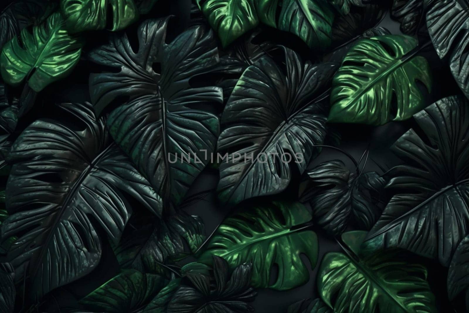 black jungle palm leaf green nature tree background colourful tropical forest. Generative AI. by Vichizh