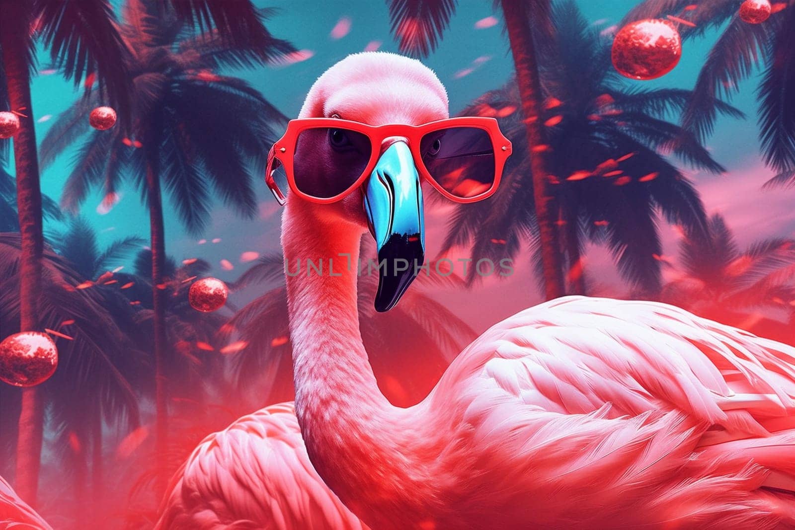 flamingo party tropical sunglasses paradise alcohol fun goggles illustration summer weekend animal hipster resort feather fashion pink cartoon holiday bird. Generative AI.