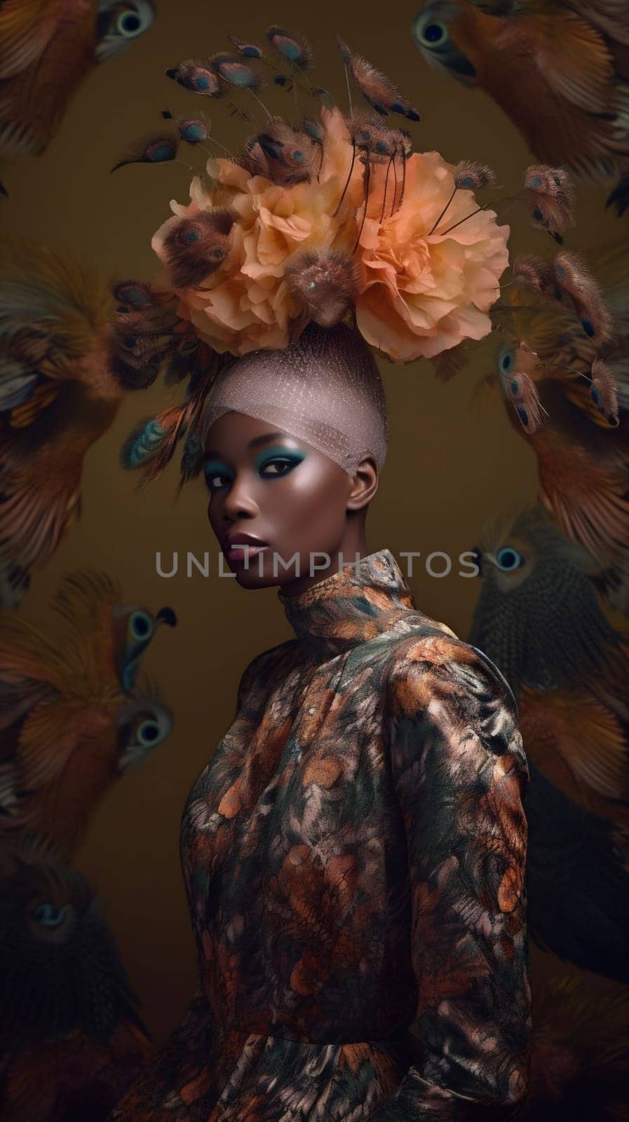 beautiful woman young feathers glamour beauty jungle fashion peacock face bird. Generative AI. by Vichizh