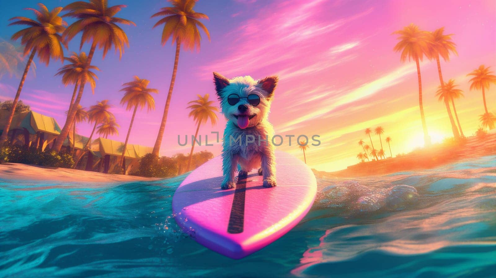 ocean dog california puppy surfboard flower animal beach surfer tropical holiday cute illustration funny sport wave surf summer fun vacation. Generative AI.