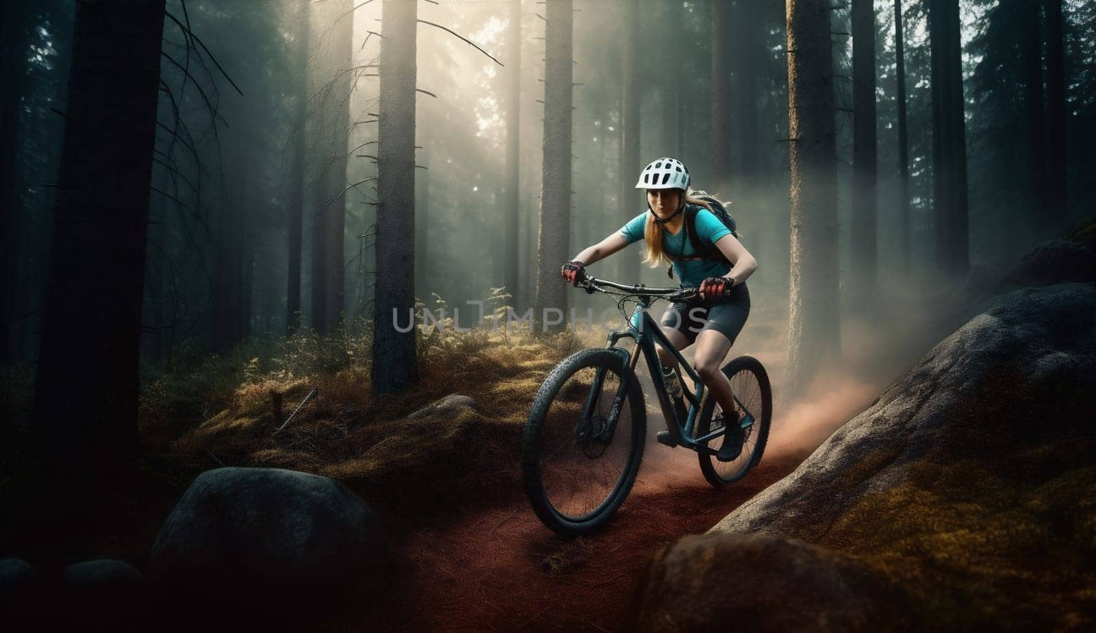 woman young biking biker bike forest activity sunset sport nature wood active cycling bicycle adventure outdoors summer ride walking healthy dark. Generative AI.