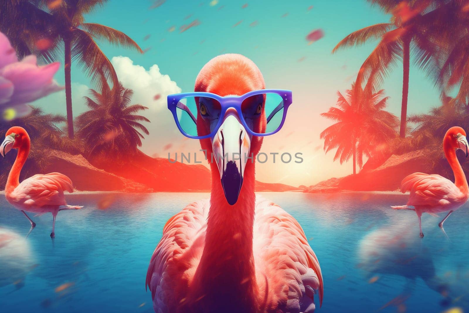sunglasses flamingo ai weekend trendy pink colourful vacation tropical animal toy hipster summer alcohol nature party feather illustration bird wildlife. Generative AI.