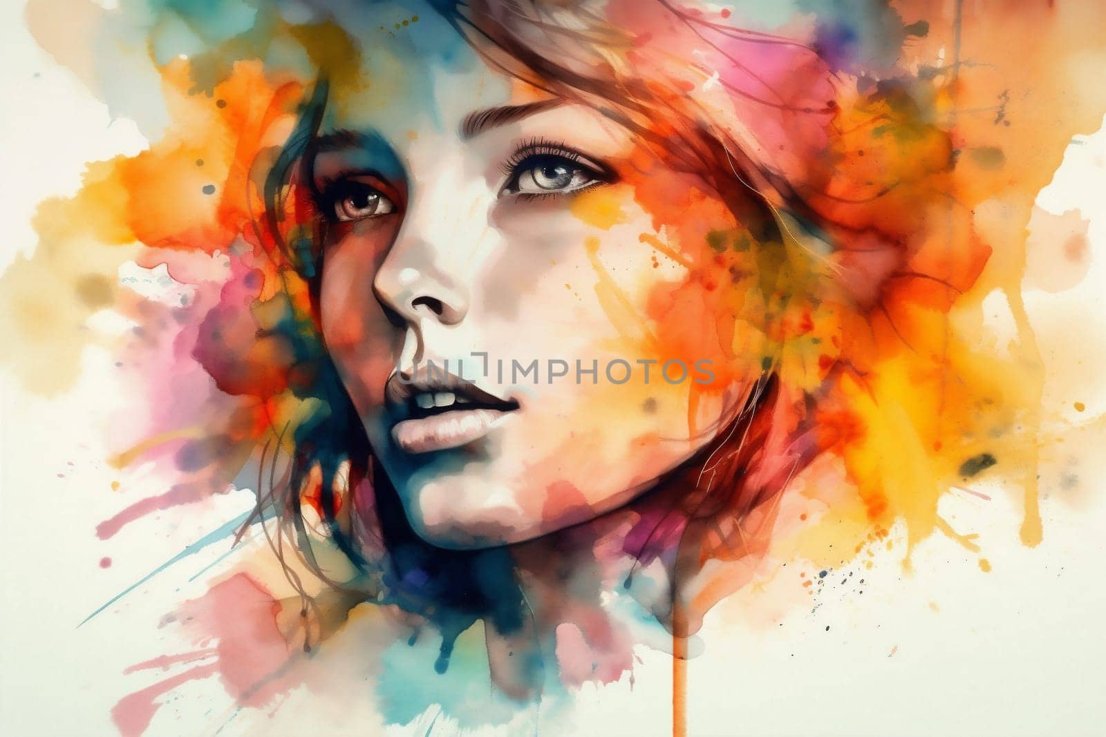 woman lip abstract elegance ink style colours modern illustration art face portrait watercolor coiffure hair ornament young beauty creative colourful model. Generative AI.
