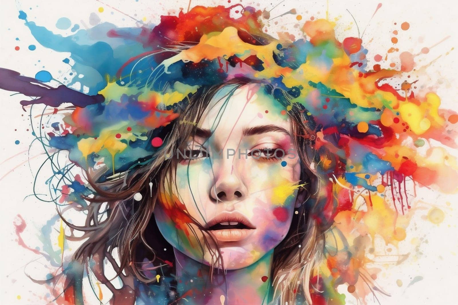 woman illustration make-up day splash ink women's colourful watercolor fashion abstract flower grunge portrait model face beauty feminine style art coiffure lip. Generative AI.