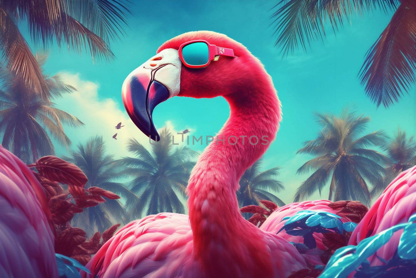 cartoon beach nature bird flamingo feather sunglasses vacation weekend paradise cool party summer alcohol travel tropical animal hipster pink holiday. Generative AI.