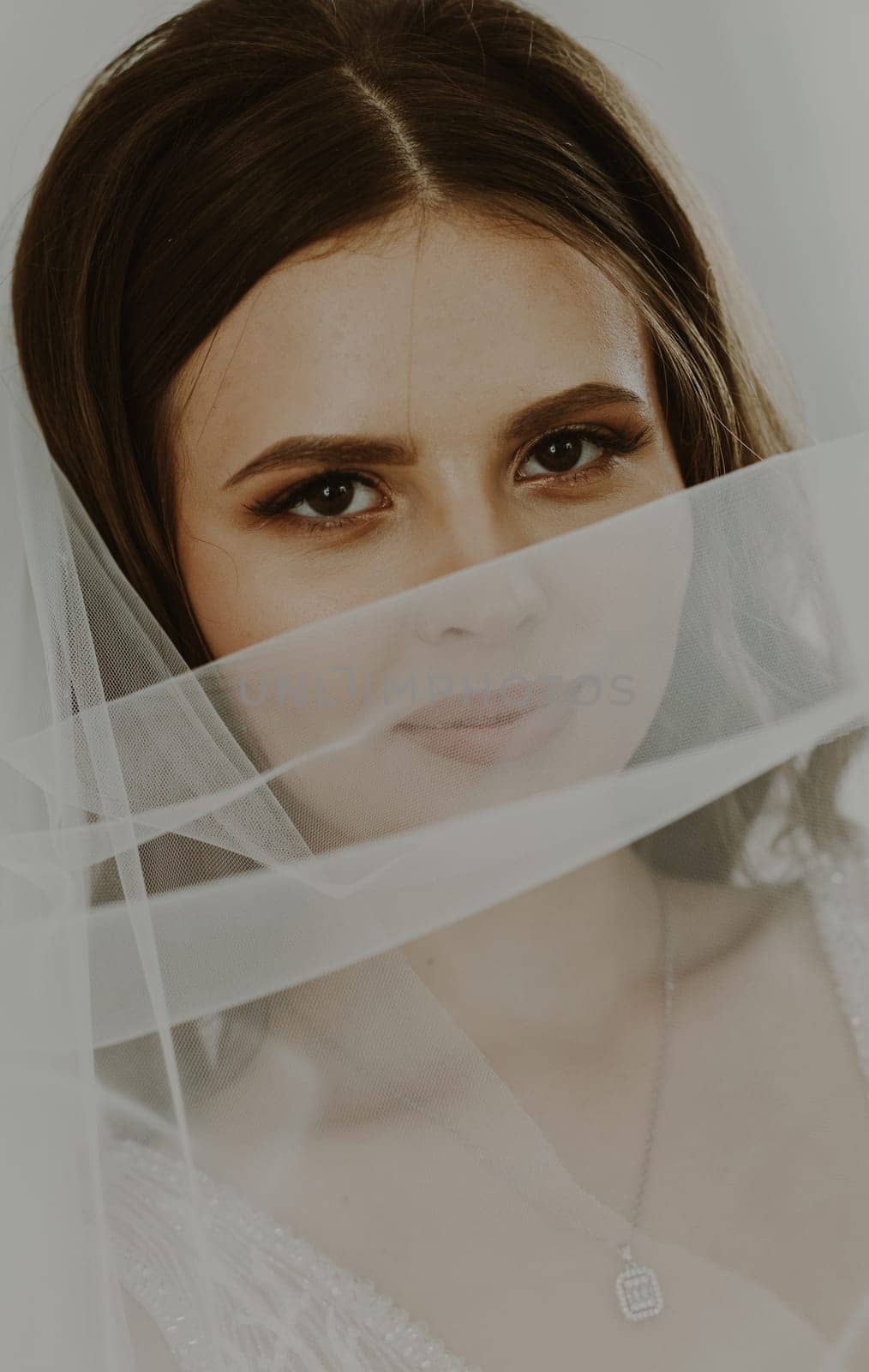 Portrait of one beautiful young Caucasian brunette bride in a white dress covering her face with a veil and looking at the camera, side view, close-up.