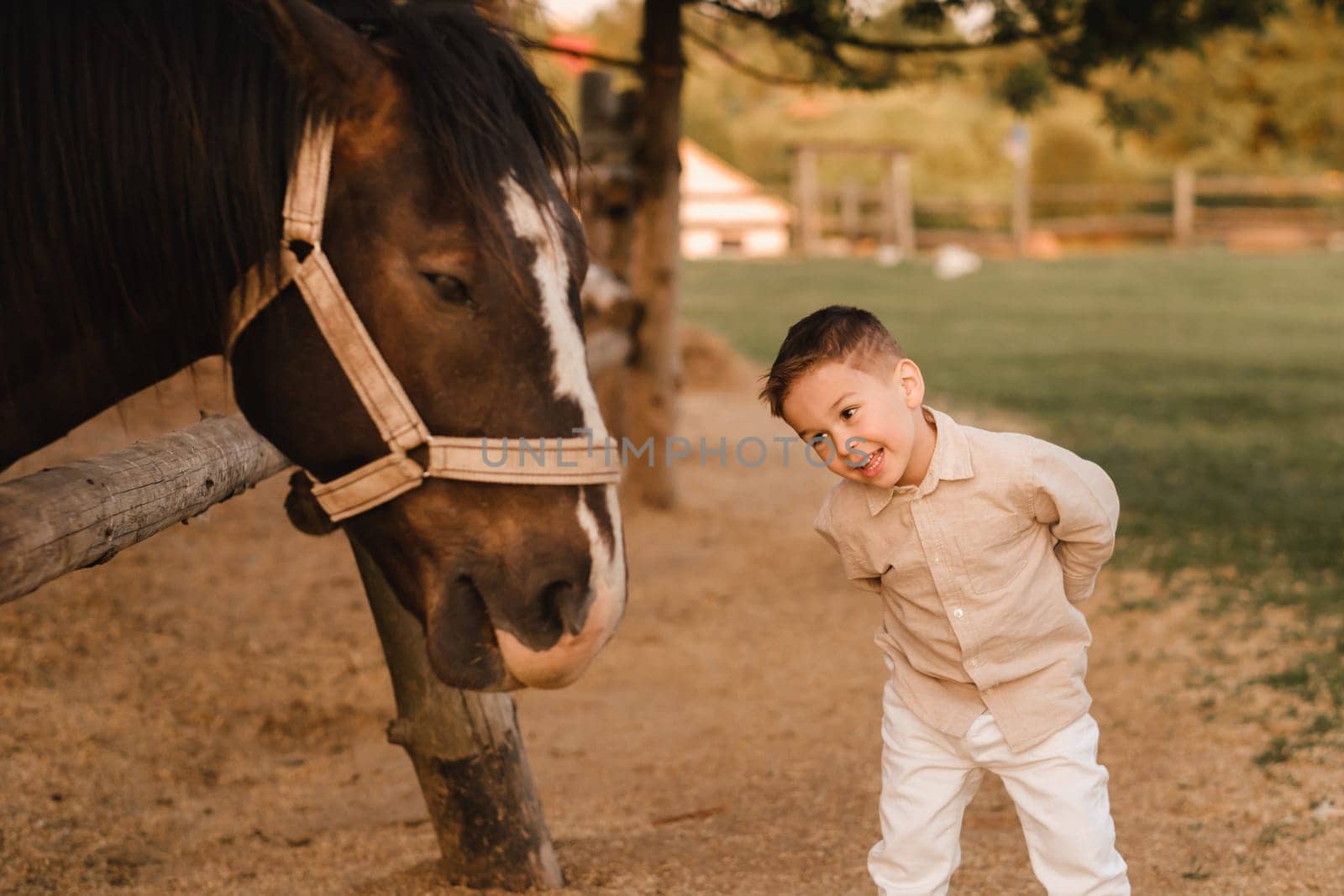 a little boy in the evening at the farm next to a horse by Lobachad