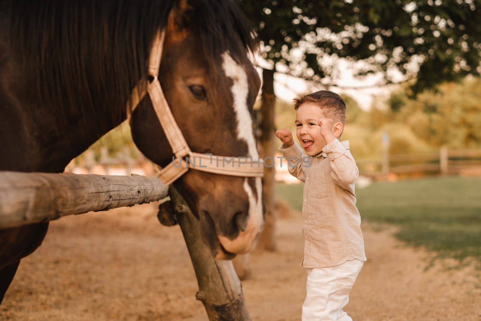 a little boy in the evening at the farm next to a horse by Lobachad