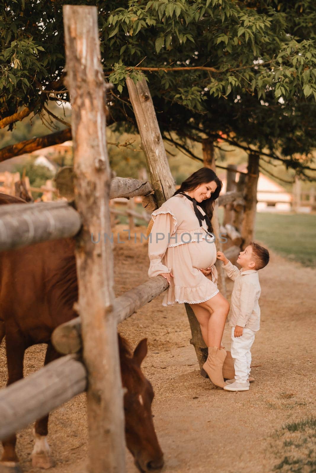 A pregnant woman with her son walks in the countryside in the summer by Lobachad