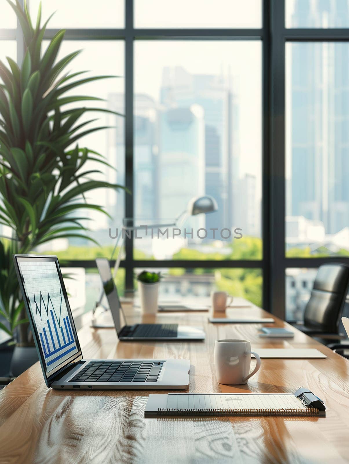 A sleek office features large windows that illuminate the workspace with natural light, showcasing a city backdrop and organized workstations.