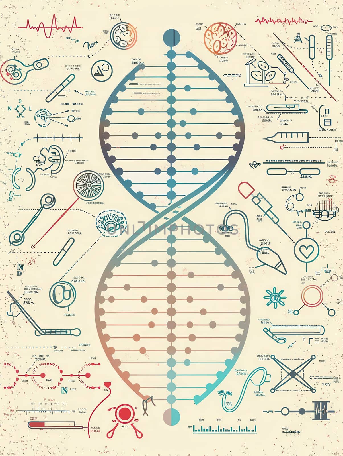 A vibrant double helix DNA strand interacts with various medical icons representing tools and concepts in the field of genetic research and healthcare.