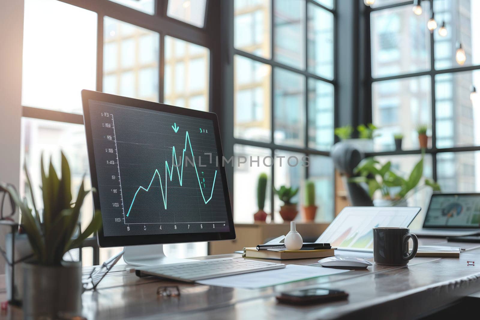 A contemporary office space features a sleek desk with a computer displaying graphs, surrounded by greenery and abundant natural light.