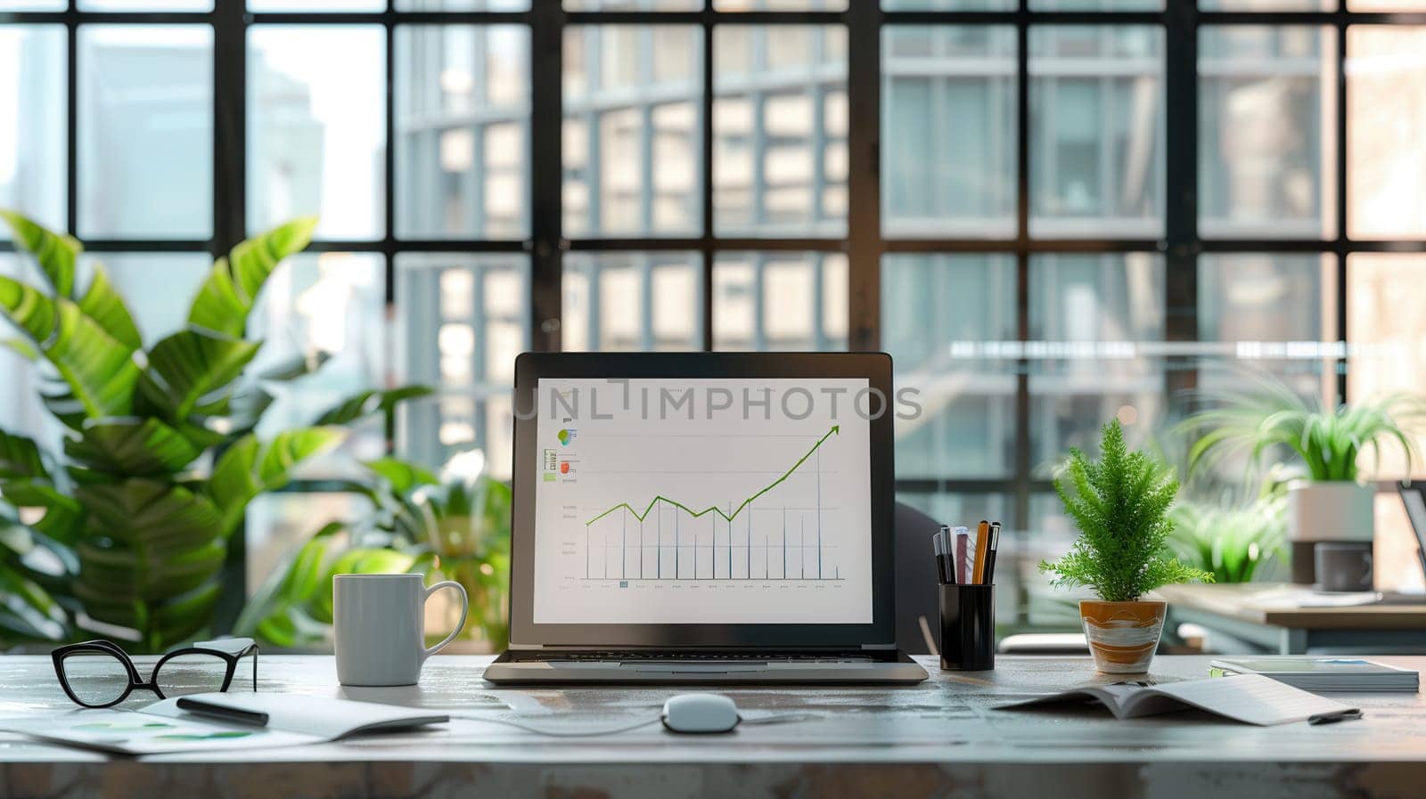 A modern office features large windows, vibrant plants, and a laptop displaying growth charts, creating an inspiring atmosphere for productivity.