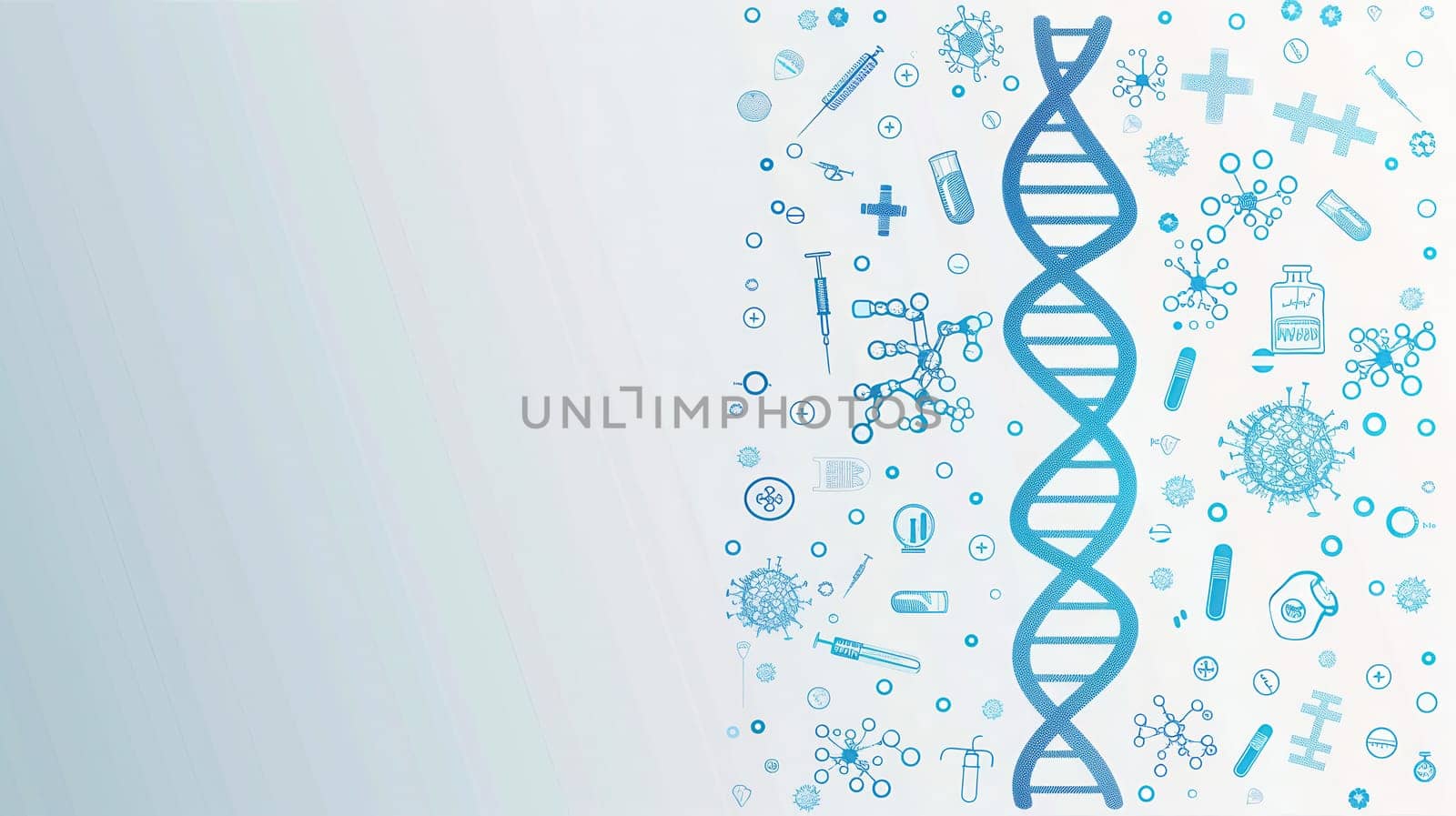 A double helix DNA strand is prominently displayed, surrounded by medical icons like microscopes, test tubes, and stethoscopes representing scientific exploration.