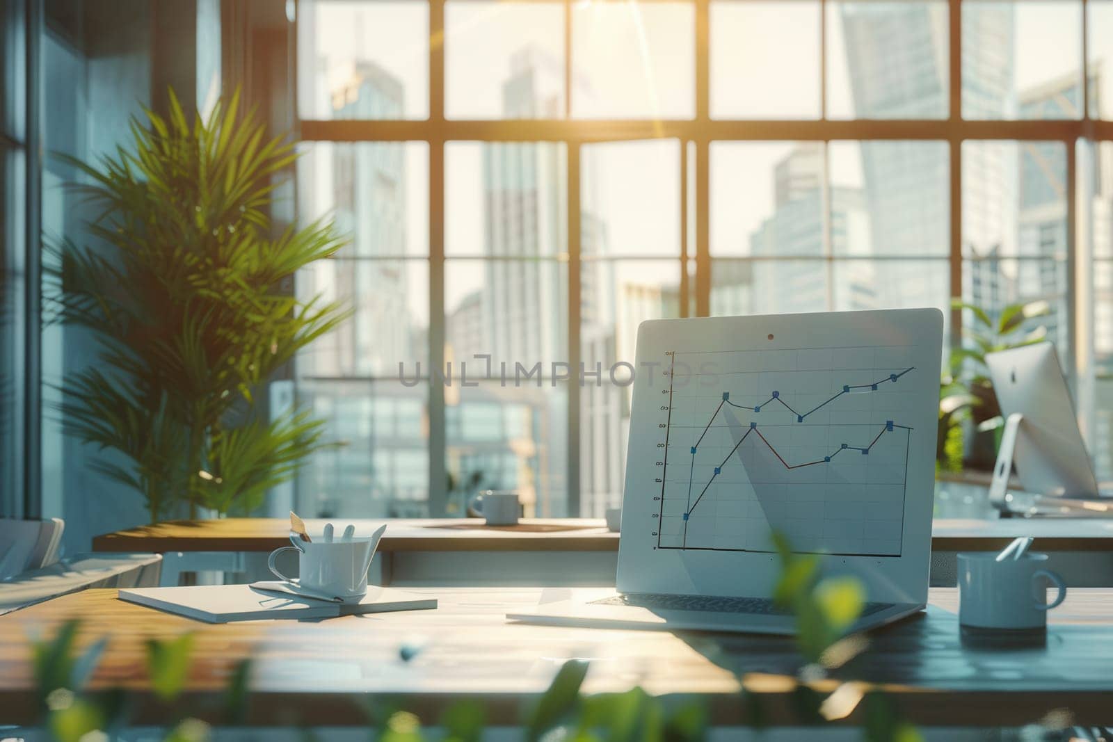 A spacious office filled with natural light features a laptop displaying a graph, surrounded by greenery and city views, creating an inspiring work environment.