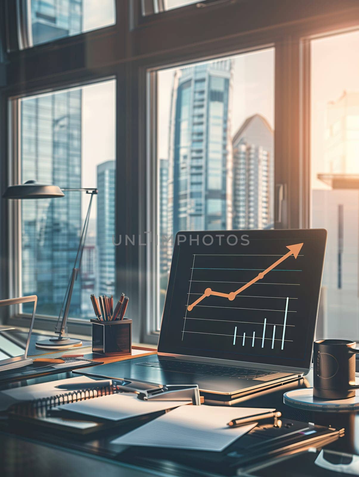 A sleek office workspace showcases a laptop with a growth graph, organized stationery, and a stunning urban skyline illuminated by natural sunlight.