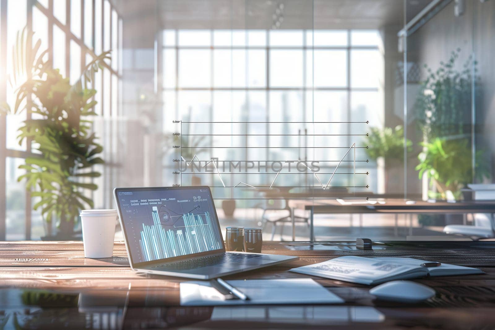 A sleek, modern office features large windows allowing abundant natural light, with a laptop displaying data analytics on a stylish wooden desk.