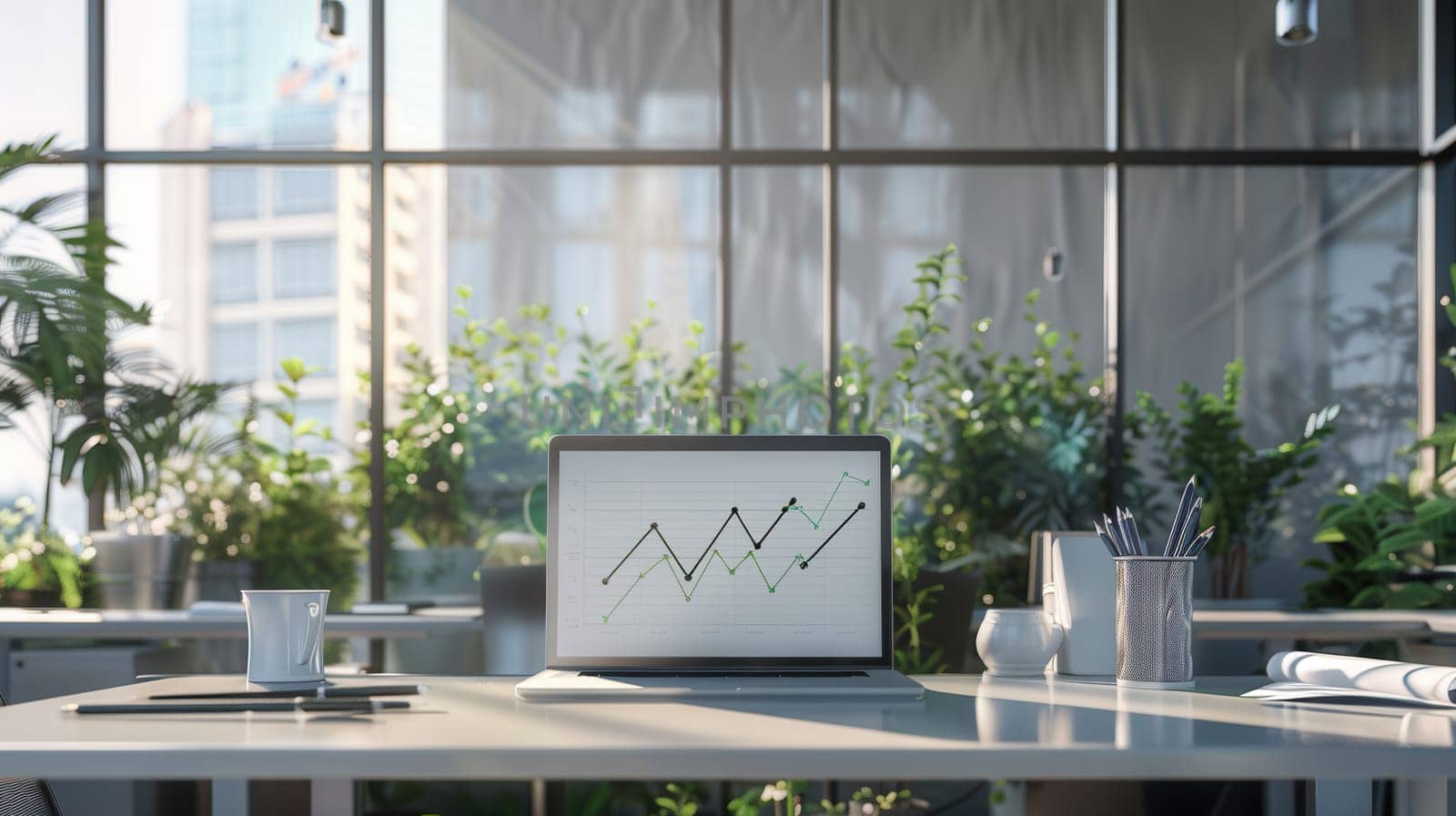 A contemporary office features a laptop displaying growth charts, a coffee cup, and greenery enhancing the inviting atmosphere.