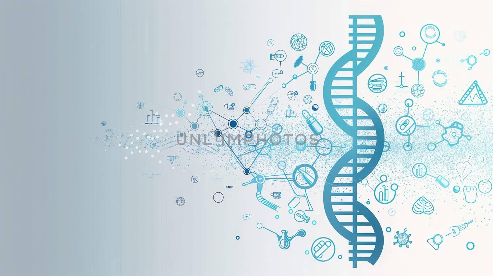 A blue double helix DNA strand is surrounded by various medical icons, representing scientific exploration and advancements in healthcare and biology.