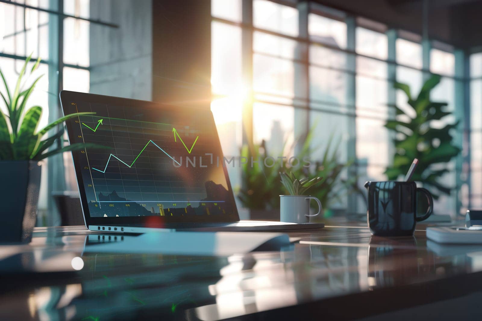 A sleek office showcases a laptop displaying financial graphs, surrounded by plants and a coffee mug, all illuminated by the warm glow of the setting sun.