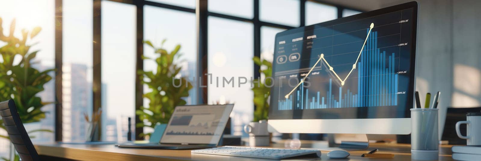 A sleek modern office features large windows allowing natural light, showcasing high-tech equipment and a vibrant workspace.