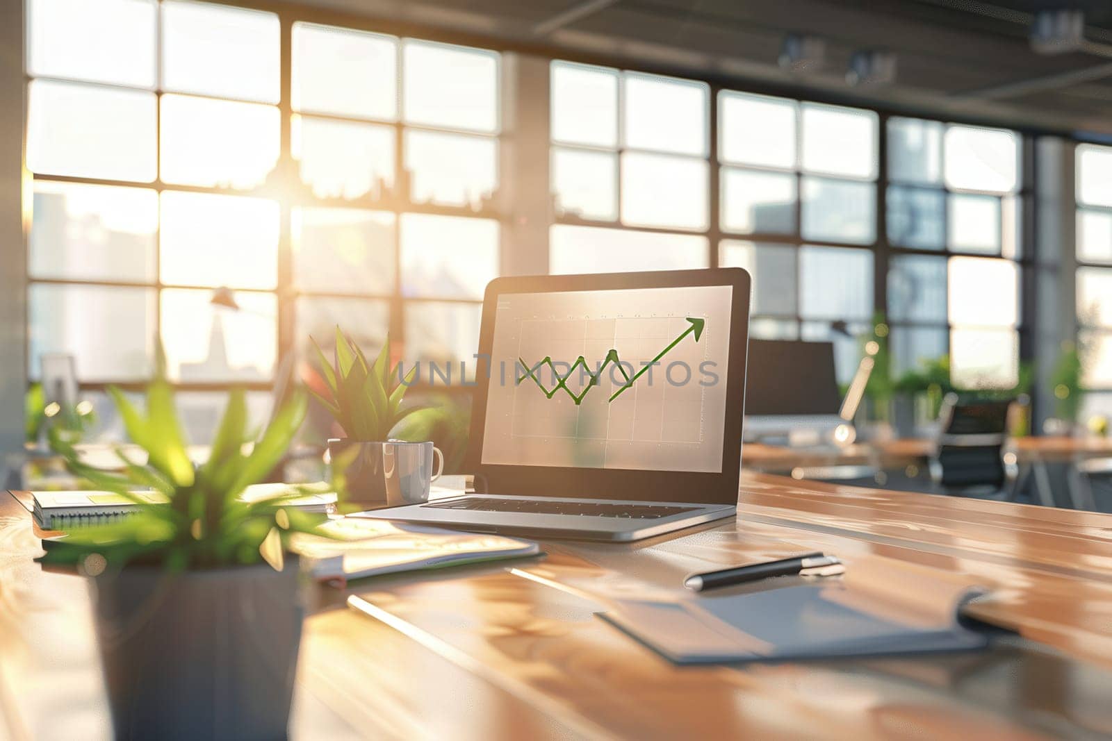 A bright modern office features a sleek desk, laptop displaying a growth chart, and plants, emphasizing productivity and a collaborative atmosphere.