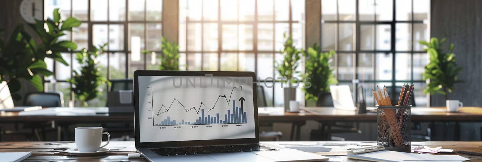A sleek office space filled with natural light, showcasing a laptop with business data and plants enhancing the atmosphere.