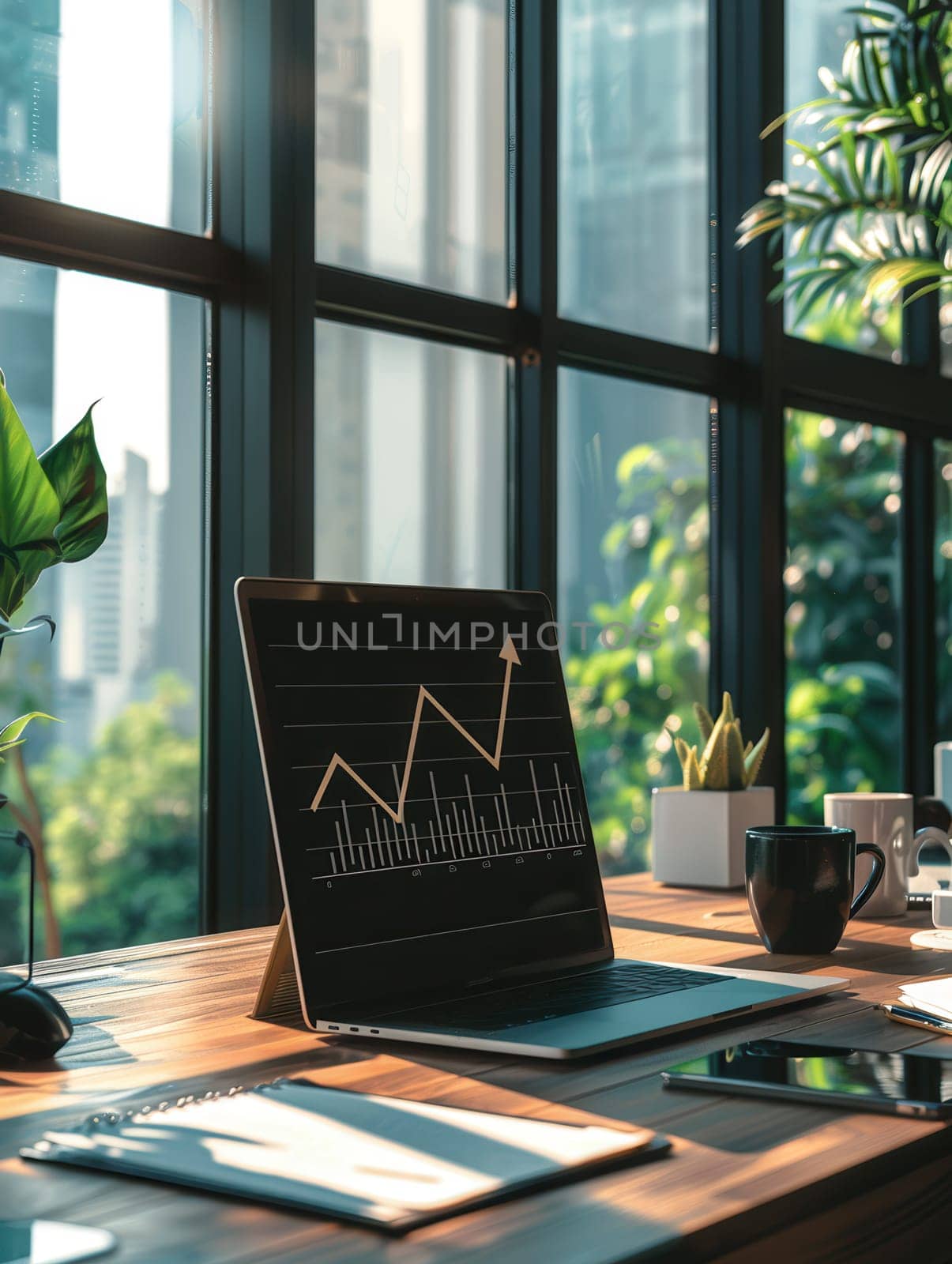 A sleek office space filled with natural light, showcasing a laptop with graphs, plants, and coffee, creating an inviting atmosphere for productivity.