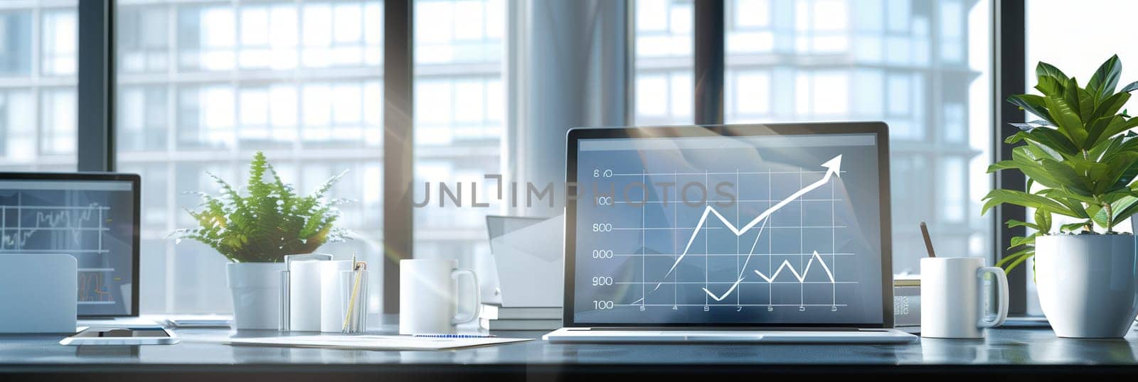 A modern office features large windows, natural light, plants, and laptops displaying upward growth charts, creating an inspiring workspace.