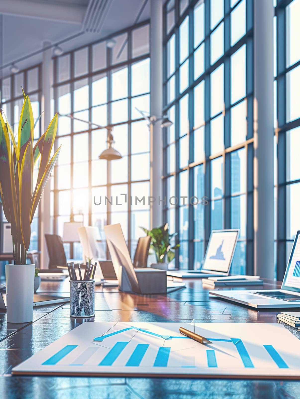 A contemporary office features expansive windows that illuminate the workspace, showcasing vibrant plants and a busy atmosphere.