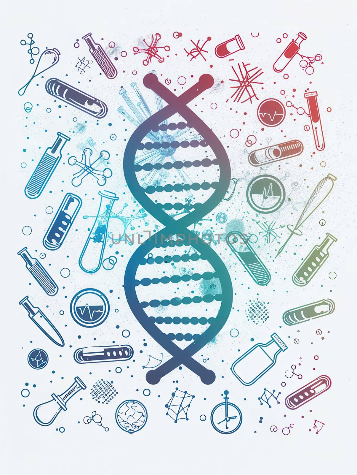 This artwork features a double helix DNA strand surrounded by various medical icons, representing the intersection of genetics and healthcare.