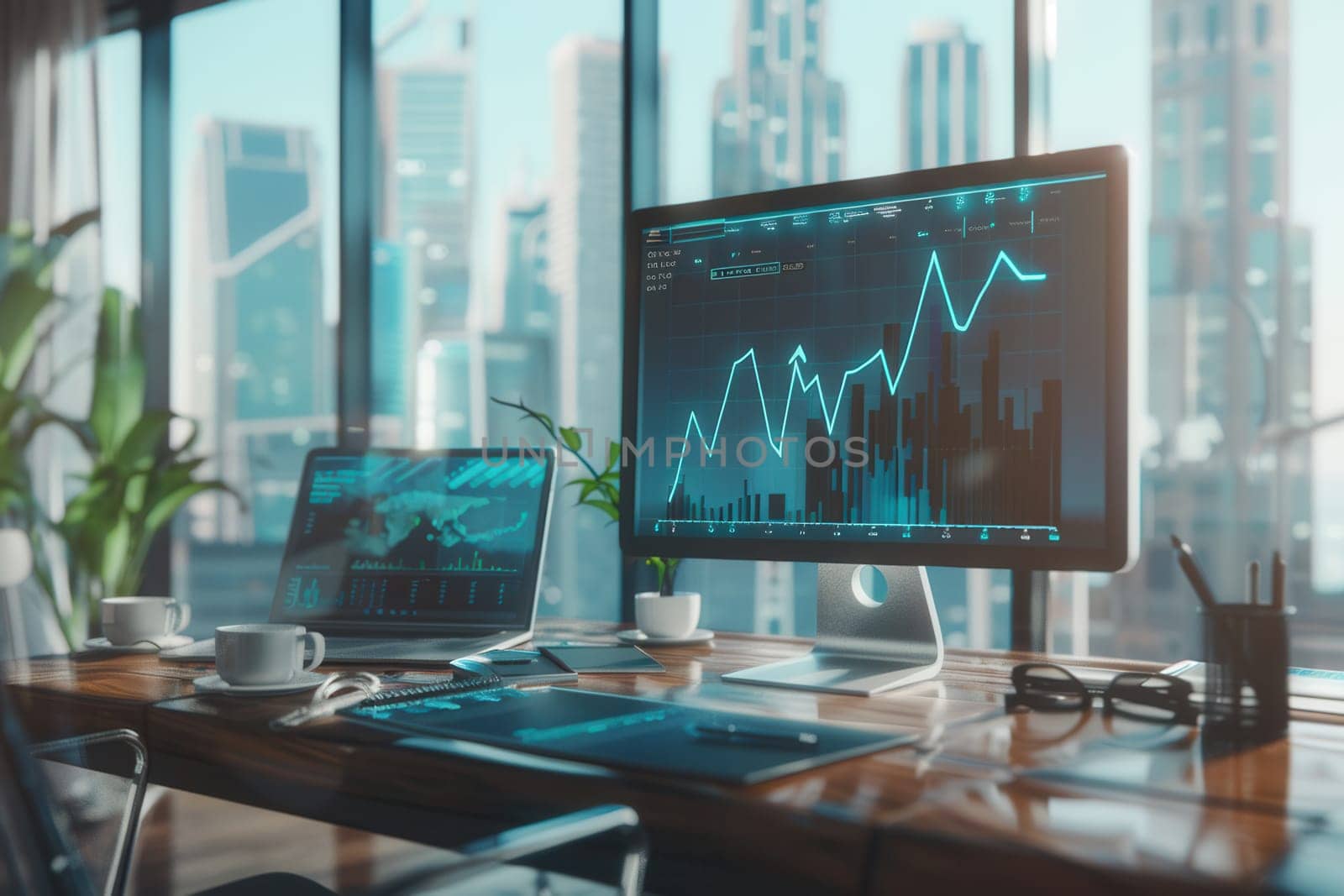 A contemporary office space is illuminated by sunlight, showcasing sleek monitors displaying data alongside coffee cups and plants.