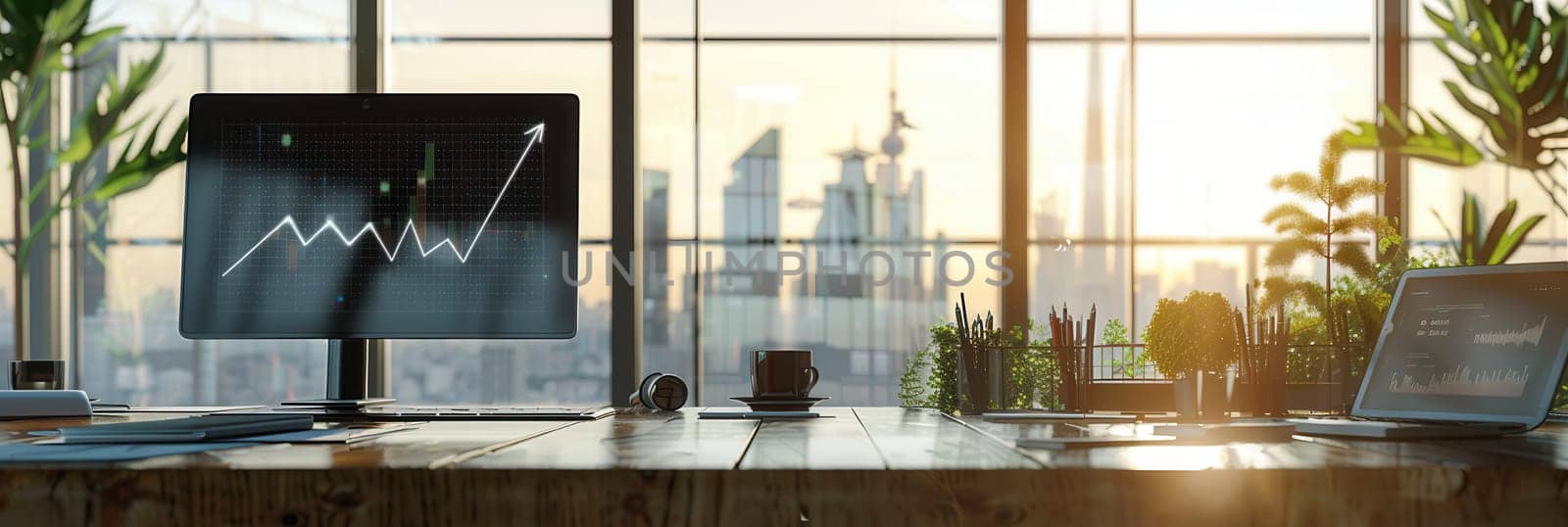 A sleek office layout showcases large windows with natural light, revealing a city skyline and a well-organized workspace with plants and technology.